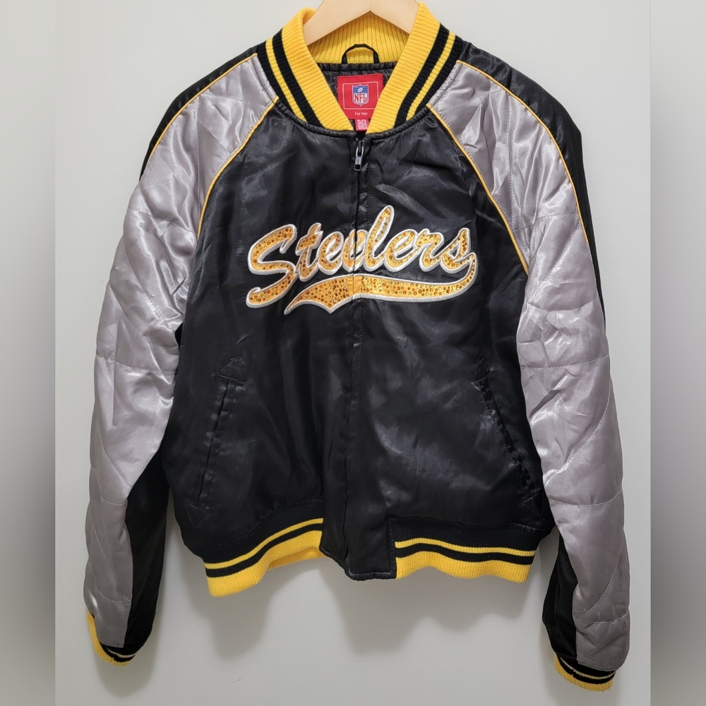 Pittsburgh Steelers Quilted Bomber Jacket Womens  Sz XL Pit To Pit 23" L 23 READ